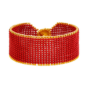 Brazalete Telar Dorado Medio Liso Rojo